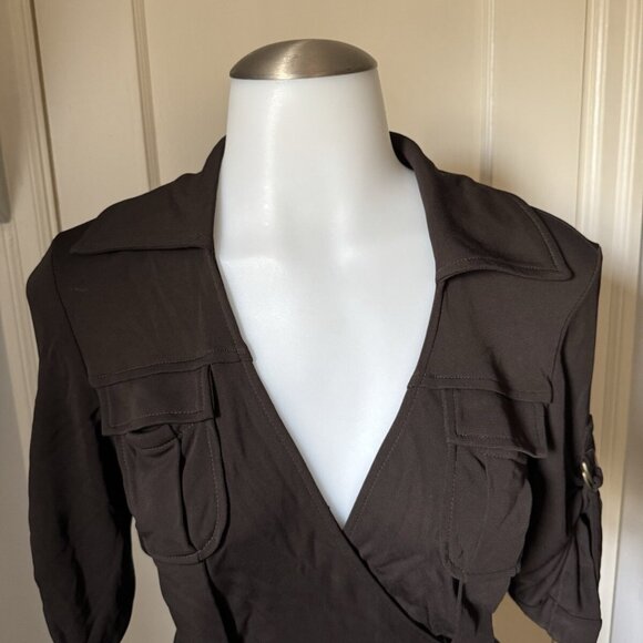 Women’s Diane Von Furstenberg Solid Brown V-Neck Collared Tie Wrap Dress - Picture 4 of 10